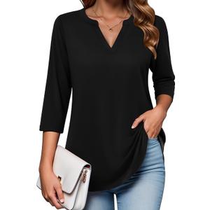 Zeagoo Womens 3/4 Length Sleeve Tops V Neck Tunic Casual Dressy Blouse Floral Printed Shirts (Medium, Black)