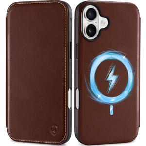 SHIELDON Wallet Case for iPhone 16 Plus 6.7", Genuine Leather Slim RFID Blocking Credit Card Holder Magnetic Shockproof Case Wireless Charging Compatible with iPhone 16 Plus 2024 - Retro Coffee