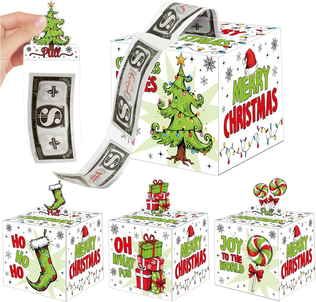 4 Pack Christmas Money Box for Cash Gift Pull Tree & Snowman & Santa & Elk Money Gift Boxes for Cash with Pull Out Card DIY Set Surprise Merry Box (Lime Green)