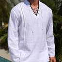 EDITCOZY Men's Pirate Shirt Costume Drawstring Tops Renaissance Viking Medieval Halloween Cotton Linen Shirts White XL (L)