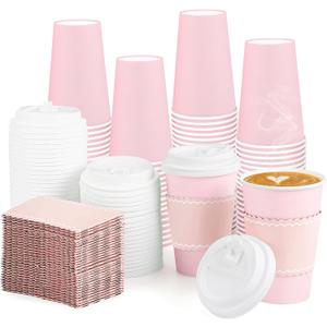 NatNarr 60 Pack Pink Coffee Cups with Lids Sleeves, 12oz Insulated To Go Paper Cups Pink Party Cups Disposable Paper Cups, Drinking Cups for Mother's Day Wedding Birthday Baby Shower Party Supplies