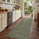 2x6 Runner Rug, Green Floral Rug for Entryway, Moynesa Washable Kitchen Rugs with Rubber Backing, Thin Soft Botanical Runners for Hallways, Bedroom, Laundry, Bathroom(2'x6', Dark Green)