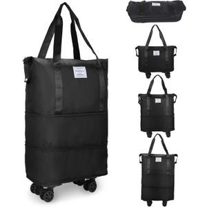 VOOWO Rolling Duffle Bag with Wheels, Expandable Foldable Duffle Bag for Travel, Rolling Under Seat Luggage Carry on Duffel Bags, Wheeled Travel Duffel Weekend Bags, Capacity 18L to 30L (Black)