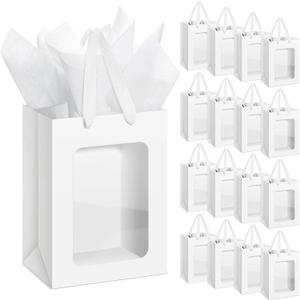 Zhanmai 36 Pcs Kraft Clear Gift Bags with Tissue Paper, 10 x 7 x 5 Inch Laege Paper Gift Bags with Window Handles for Bouquet Graduation Wedding Baby Shower Birthday Festivals Party Favors(White)