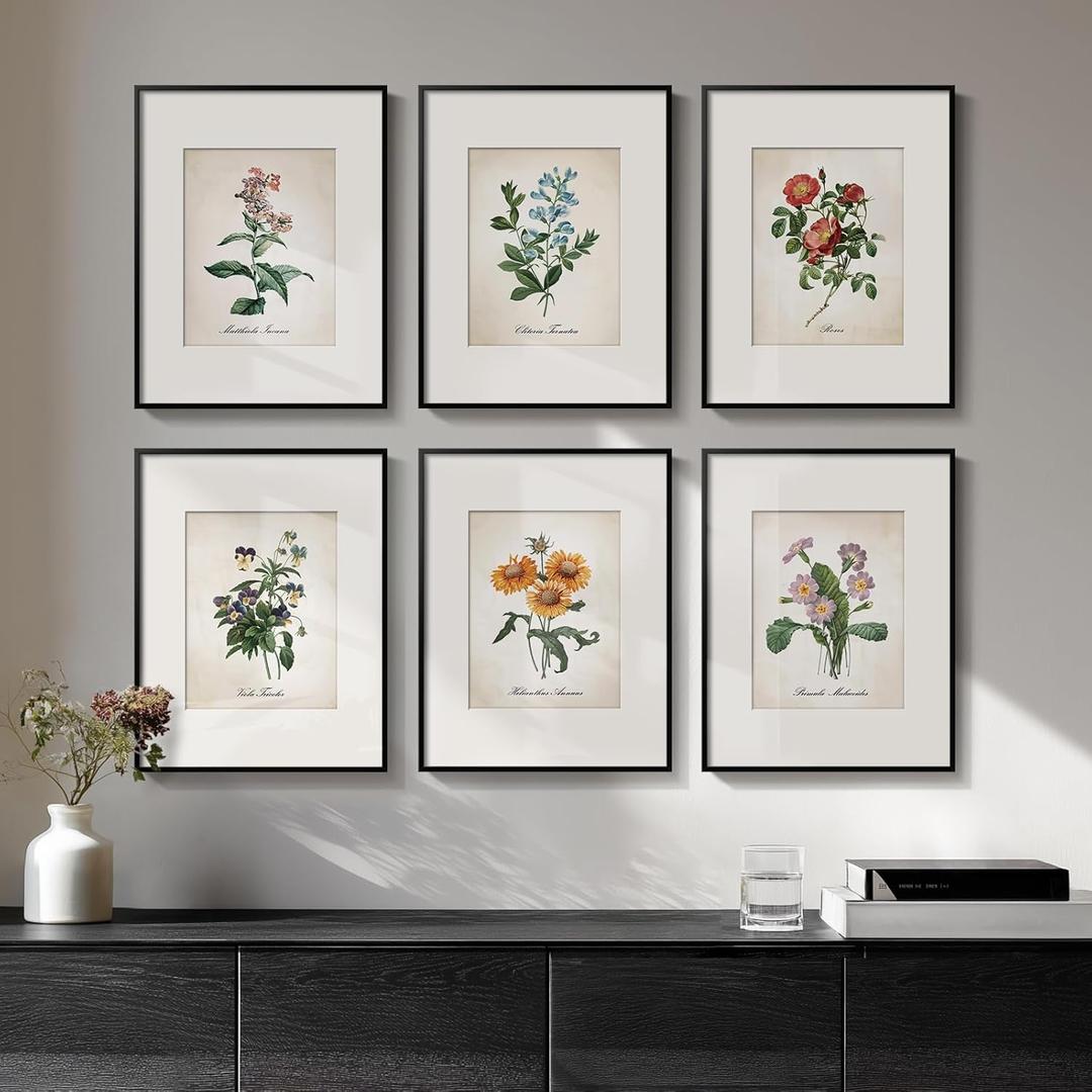 Framed Botanical Floral Wall Art, Set of 6 Vintage Wildflower Prints with Mat, Rustic Farmhouse Nature Flowers Artwork for Bedroom Living Room Hallway Dining Room Modern Neutral Home Decor, 11x14 In (Blooming - Black Framed)
