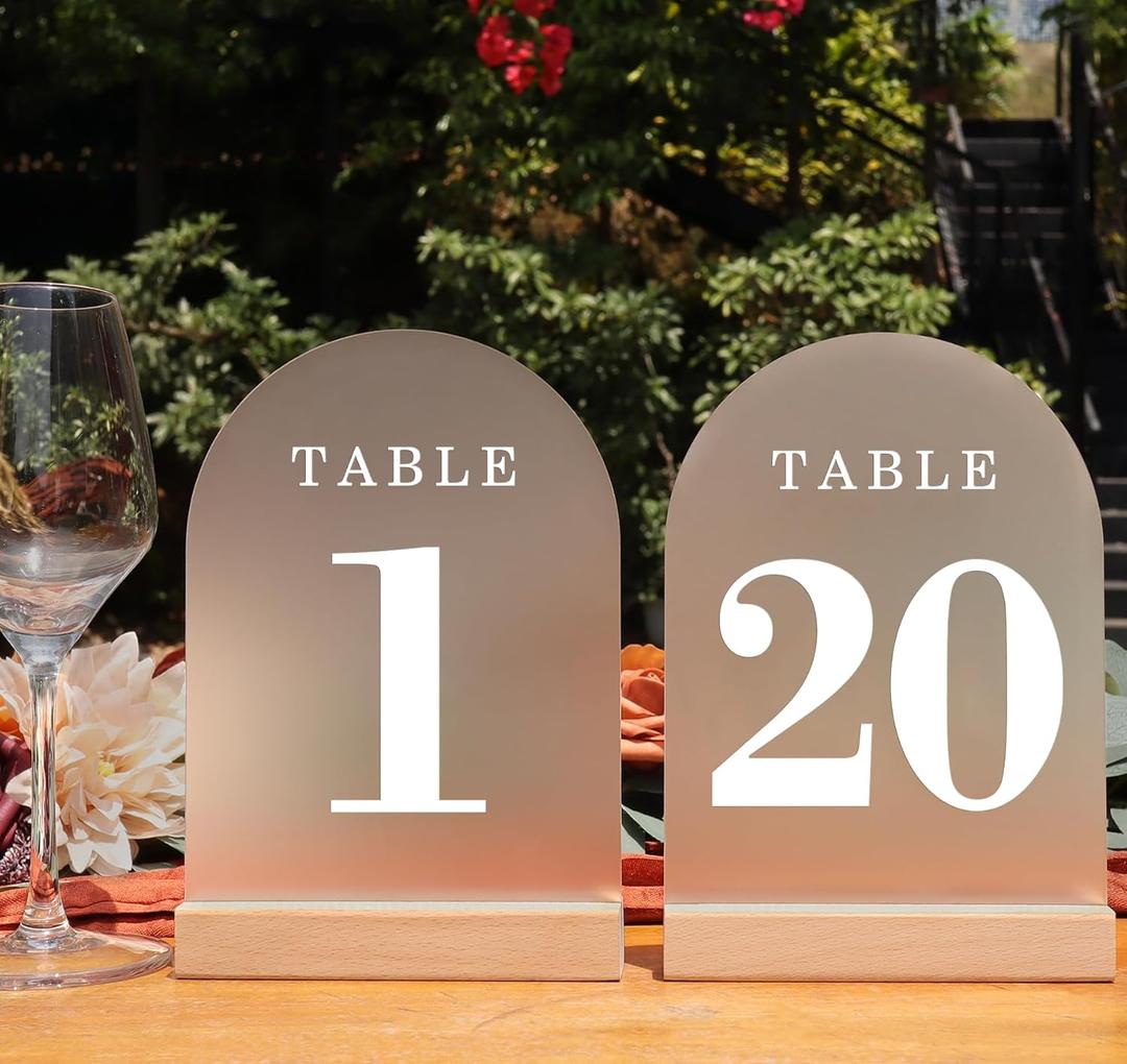 Wedding Table Numbers 1-20, Acrylic Arch Signs with Natural Wood Stands Holders, Rustic Table Decor for Reception & Parties (Frosted White)