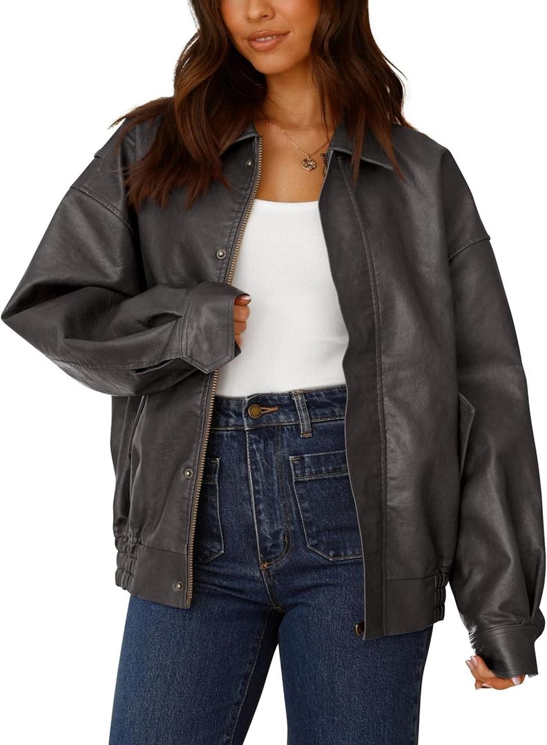PRETTYGARDEN Women's Faux Leather Motorcycle Jacket Trendy Fall Spring Clothes Oversized Zip Up Winter Coat Outerwear (Grey)