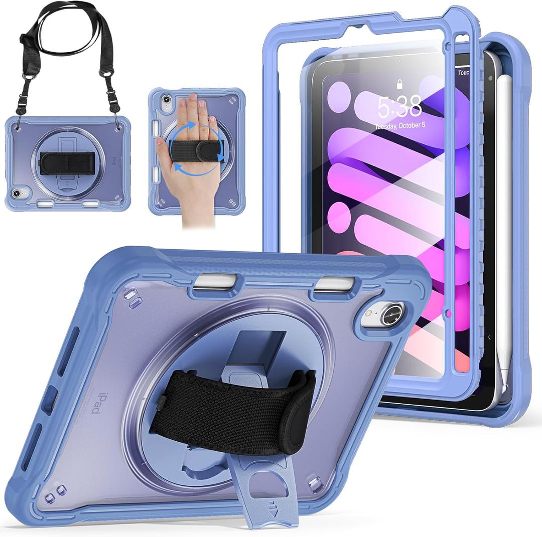 BRAECNstock Case for iPad mini 7 (A17 pro) 2024 & Mini 6 2021 8.3-inch,Shockproof Protective Cover with Pencil Holder,Screen Protector,360° Rotating Hand Strap/Stand- Lavender Grey