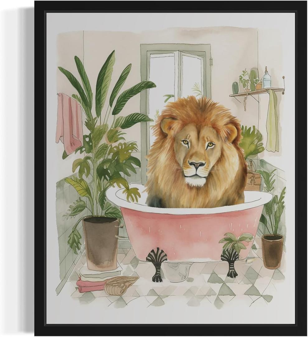 Lion Wall Art Poster Print, Animal Bathtub Pictures Restroom Wall Art Painting for Bathroom Decor Gallery 49 (Lion, 10" L x 8" W, Unframed)