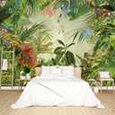 Tropical Botanical Animal Floral Bird Wallpaper Woodland Forest Tree Nursery Kids Bedroom Plant murals Living Room tv Background Large wall Mural - 91"x65" Not Peel and Stick