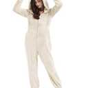 COZYPOIN Womens Fleece Onesies Pajamas Fuzzy Sherpa Adult Hooded One Piece Onesie Winter Romper Flannel Loungewear Sleepwear(Beige-L)