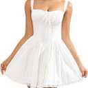 Womens Summer Floral Mini Dress Square Neck Tie Front Lace Spliced Ruched Backless Casual Party Graduation Short Dresses, L
