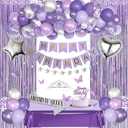 Purple Birthday Decorations for Women Girls, Lavender Silver Metallic Balloons Glitter Sash Fringe Curtain Butterfly Decor Cake Topper Happy Birthday Banner Butterfly Party Decorations Lavender Bday