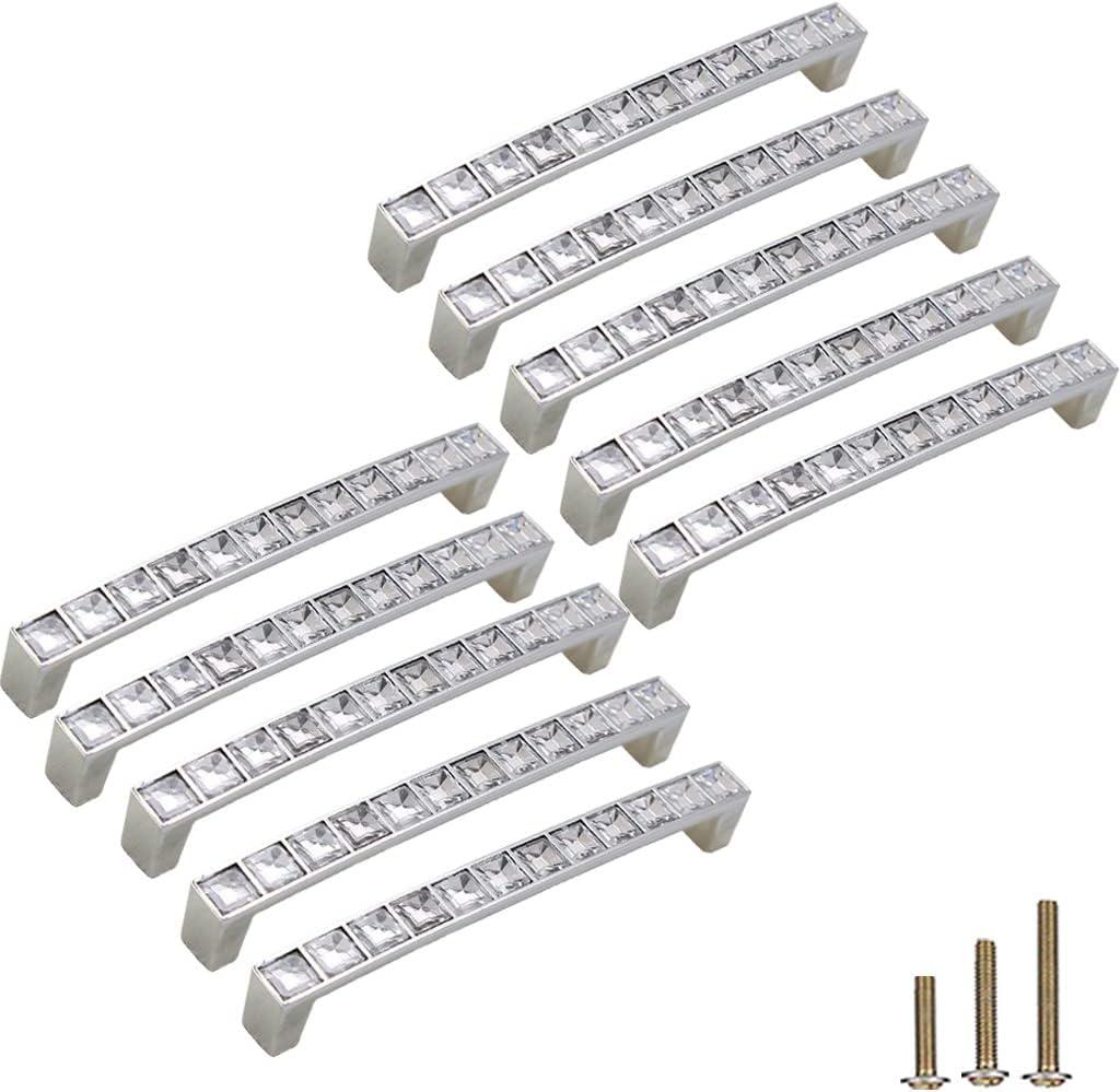 ESreake 10 Pack Large U Shape Diamond Crystal Glass Cabinet Pulls Knobs Handles, Modern Decorated Shiny Dresser Drawer Pulls Handles for Cupboard Wardrobe Dresser (5" Hole Centers, 10 Pack)