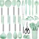 Kitchen Utensils Set, 28 Pcs Silicone Cooking Utensils Set with Holder, Spatula Set, Silicone Whisk, Measuring Cups and Spoons Set with Stainless Steel Handle Kitchen Gadgets (Light Green)