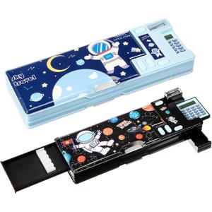 2 Pcs Multifunction Pop up Pencil Case with Calculator Sharpener Back to School Supplies Astronaut Pencil Box Cartoon Pen Box Organizer Birthday Gift for Students Kids Boys Girls