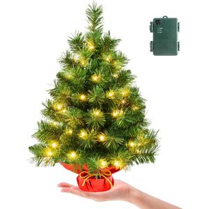 Pre-lit 2ft Small Christmas Tree, Leeheeyee Artificial mini Christmas Tree with 50 LED Lights, Battery Operated Tabletop Xmas Tree with Burlap Base for Table Desk Home Christmas Decor