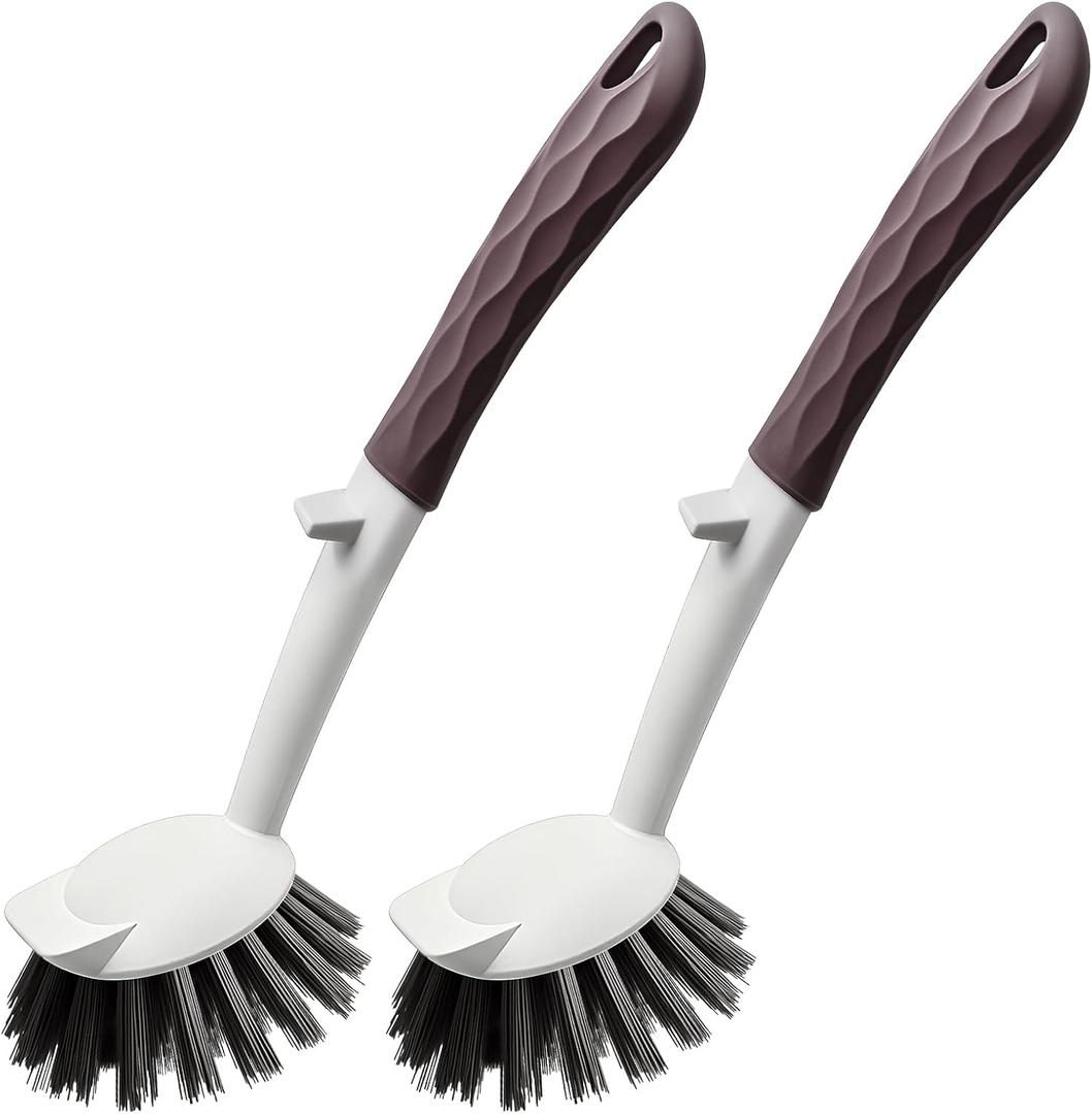 2 x Dish Brush, 2 Pack with Comfortable Handle, with Built-in Scraper, Scrub Brush with Medium Firm bristles for Cleaning Dishes, Sink, Pots (Brown)