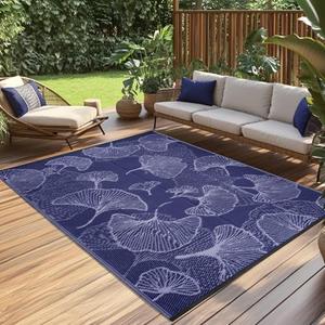 Pcinfuns Outdoor Patio Rugs 9'x12' Waterproof, Reversible Plastic Straw Camping Rug Carpet, Large Area Rugs Mats for Rv, Deck, Porch, Picnic, Beach, Balcony, Navy Blue & Grey