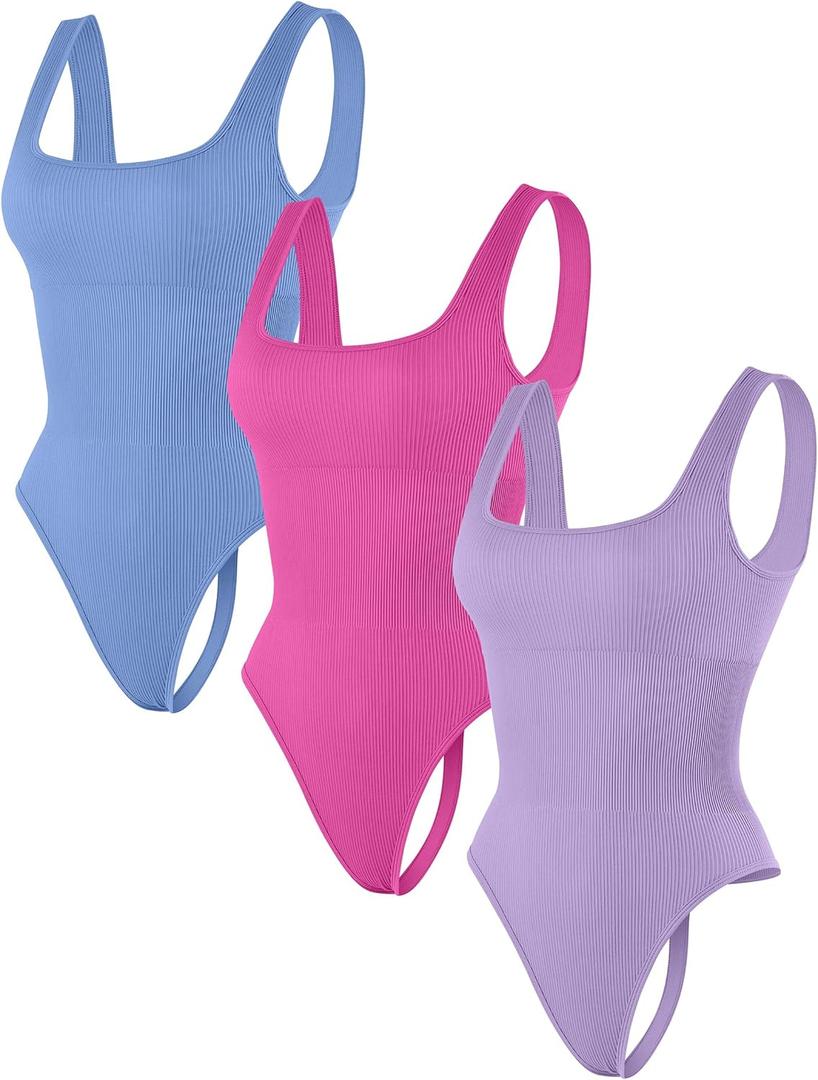 HEGALY Thong Bodysuits for Women 3 Piece Sexy Ribbed Seamless Tummy Control Shapewear Sleeveless Square Neck Tank Top (M)