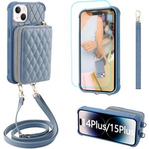 MONASAY Zipper Wallet Case Compatible for iPhone 15 Plus/14 Plus,6.7in[Screen Protector][RFID Blocking]Flip Leather Handbag Phone Cover with Card Holder&Detachable Crossbody Lanyard Strap, Light blue