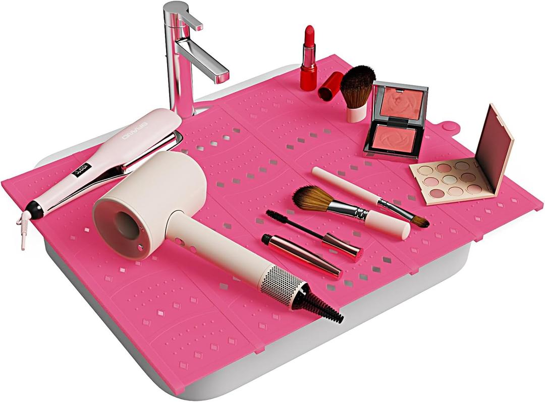 Bathroom Sink Cover for Counter Space, Foldable Silicone Sink Mat Makeup Organizer Mat Space Saver, Womens Gifts for Valentines RV Camper Travel Must Haves Accessories, Pink