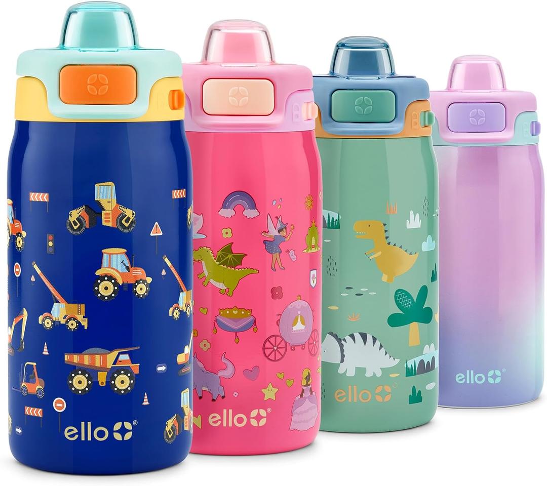 Ello Pop & Fill 12oz Stainless Steel Kids Water Bottle with Quick Fill Lid | Vacuum Insulated BPA Free Bottle with Leak Proof Straw and Chug Lid, Dishwasher Safe, Gift For Kids, Construction Site