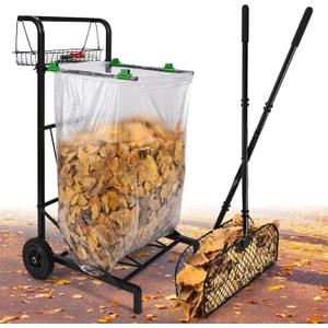 CAROD Mobile Trash Bag Holder with Storage Basket and Ergonomic Handle, Convenient Leaf Bag Cart with Leaves Grabber Rake Combo, Suitable for Leaves, Weeding, Camping, Party