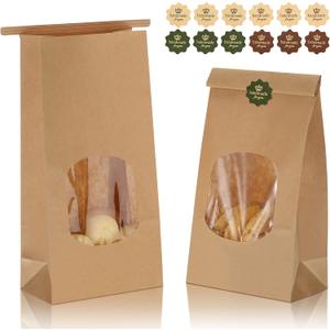 Tenare 50 Pieces Bakery Bags with Window Kraft Paper Bags Christmas Tin Tie Tab Lock and 60 Pieces Lovely Handmade Label Seal Stickers Window for Xmas Coffee Cookie Treat(Small,Brown)