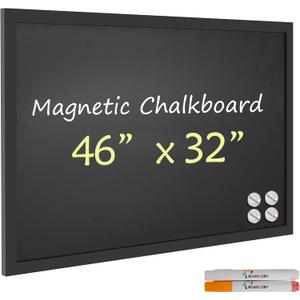 Board2by Magnetic Chalkboard Black Board 46 x 32, Extra Large Chalk Board Blackboard for Wall Decor, Easy-to-Erase Wood Framed Magnet Board, 2 Pens, 4 Magnets for School, Home & Office (Classic Black)