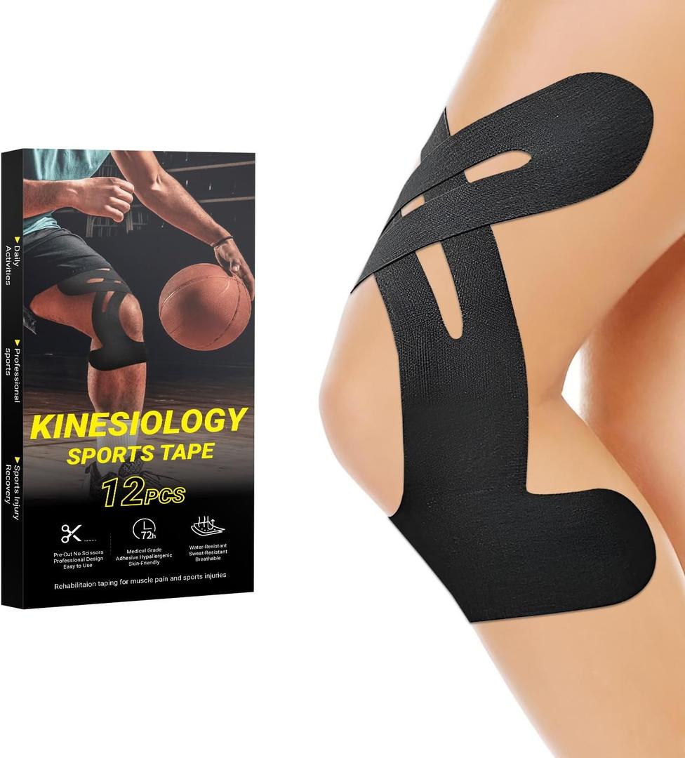 Kinesiology Tape for Knees 12 Pcs, PreCut Athletic Knee Tape for Knee Pain Relief- Brace & Elastic Supports- Waterproof & Breathable Hypoallergenic Latex-Free Tape Black Kinesiology Tape for Knees 12 Pcs, PreCut Athletic Knee Tape for Knee Pain Relief- Brace & Elastic Supports- Waterproof & Breathable Hypoallergenic Latex-Free Tape Black