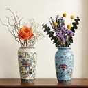 ZAVOOS Vintage Ceramic Vase Set of 2, Small Antique Flower Vases for Home Decor, Wide Mouth Decorative Chinoiserie Floral Vase for Living Room, Table Centerpiece, Farmhouse, Blue and Beige Color