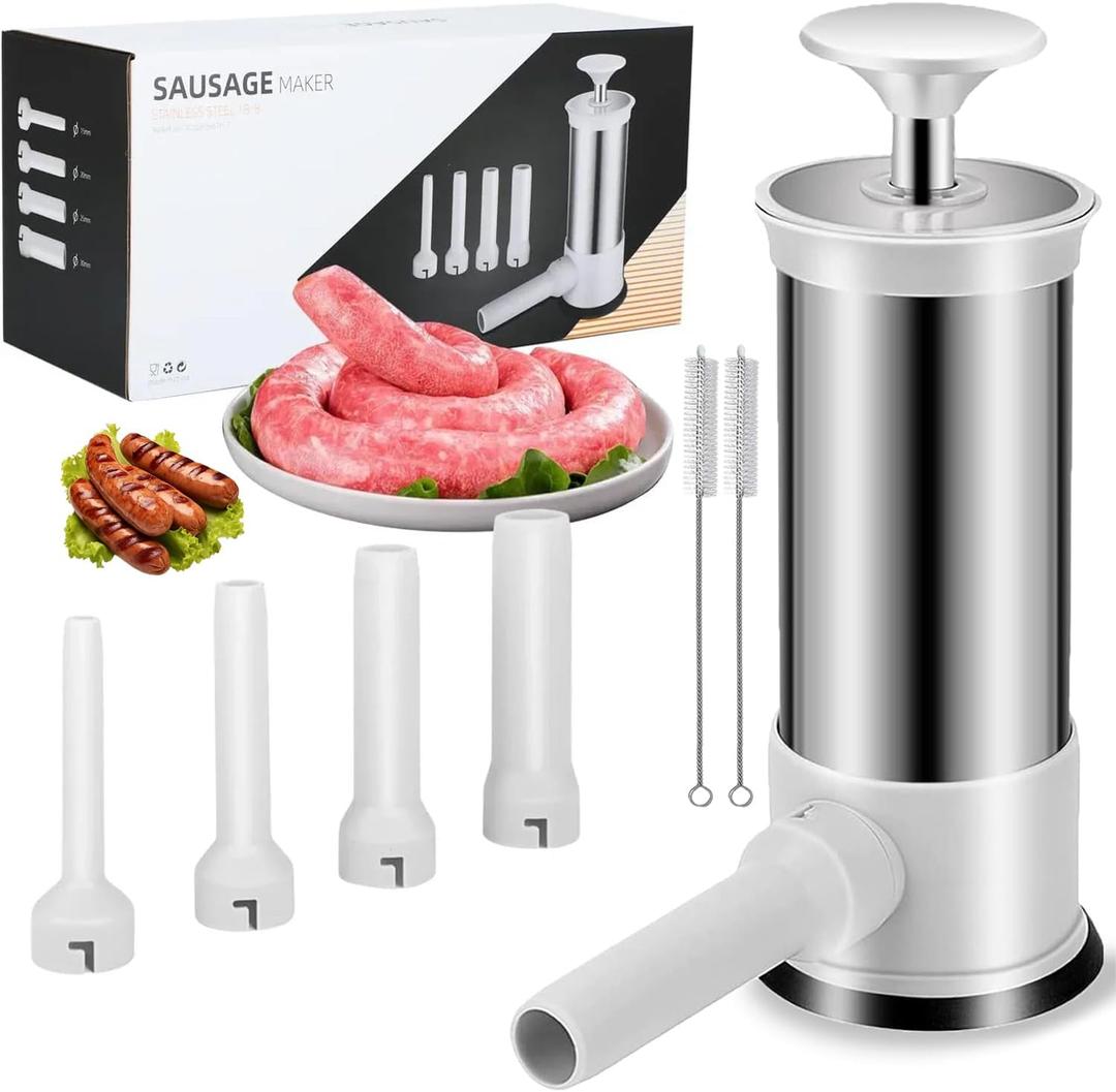 Sausage Stuffer Machine Sausage Maker with 4 Stuffing Tubes Homemade Sausage Stuffer Manual for Home Camping Outdoor Grill BBQ Household Kitchen Use (2.2lb, Stainless Steel)