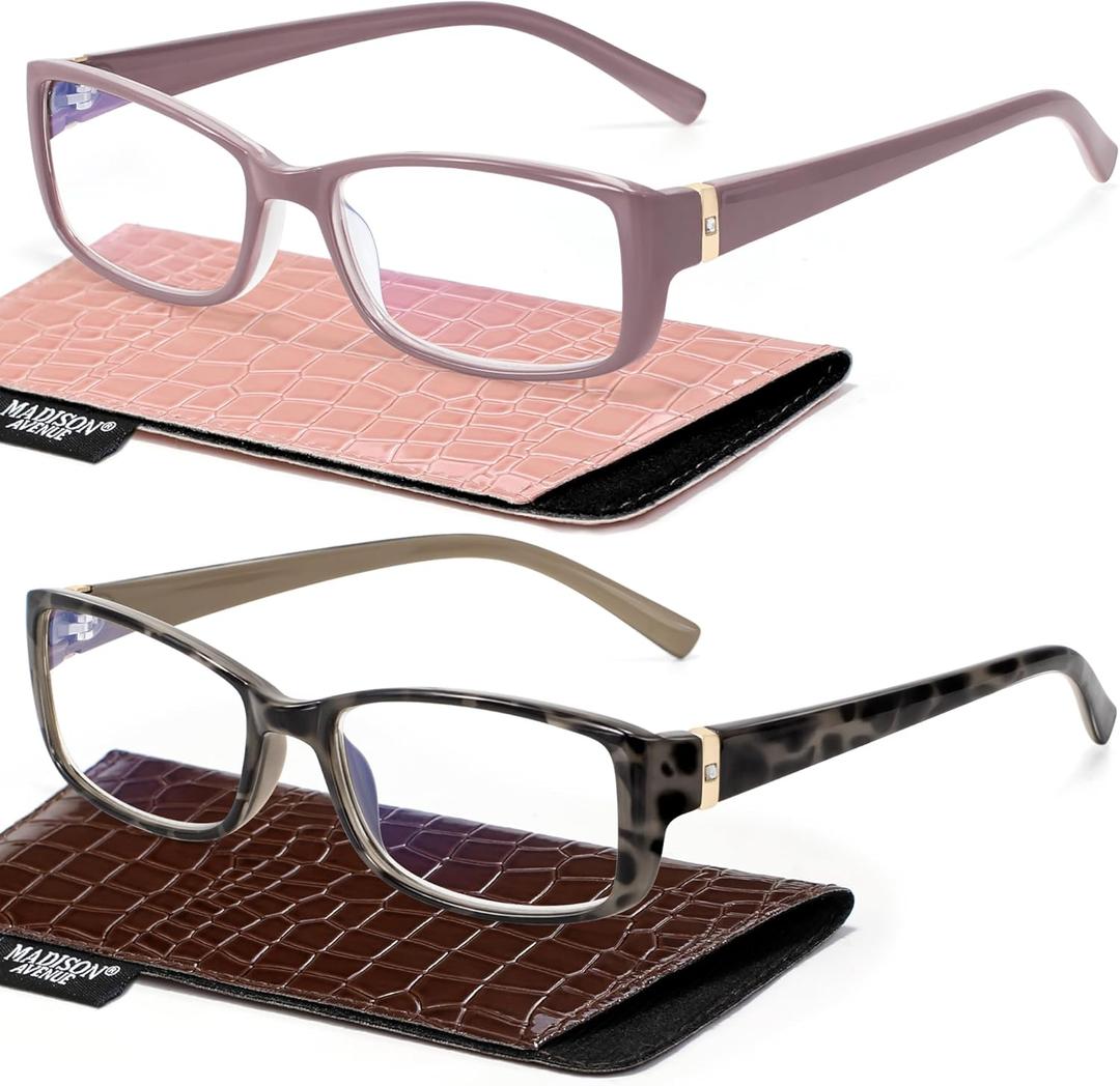 Madison Avenue 2 Pack Classic Blue Light Blocking Reading Glasses for Women, Vintage Anti Glare/Eyestrain Computer Readers Demi/Purple +2.0