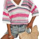 Acelitt Womens Short Sleeve Crochet Knit Sweater Hollow Out Striped Tops Beach Vacation Cruise Outfits (Pink, XS)