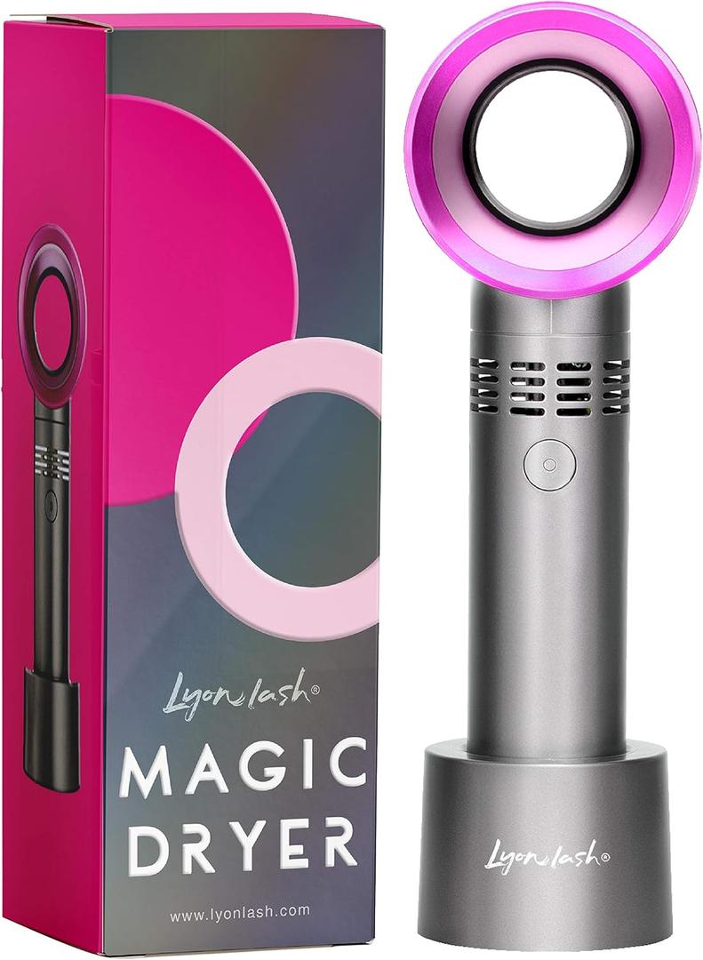 Lyon Lash Portable USB Rechargeable Bladeless Mini Fan/Air Conditioning Blower/Handheld Cooling Dryer, Essential Eyelash Extension Supplies, Dries Glue/Adhesive Rapidly (Nickel/Fuchsia Pink)