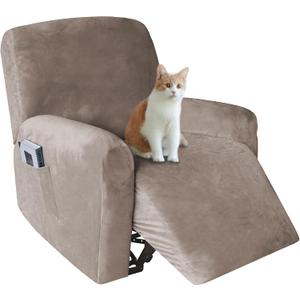 4 Pieces Stretch Velvet Recliner Chair Covers, Thick & Soft Lazy Boy Recliner Slipcover for Home Theater Chair with Side Pocket Taupe One