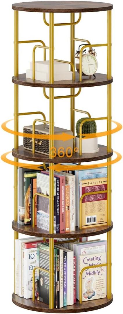 APPOLYN 4 Tier Rotating Bookshelf, 360 Display Spinning Corner Bookshelf, Space Saving Metal Frame Bookcase for Living Room, Office, Bedroom, Gold