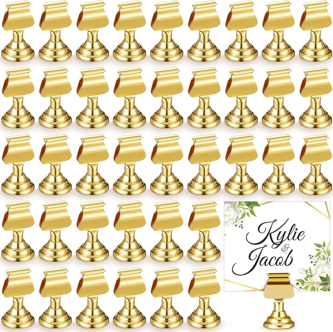 Kathfly 48 Pcs Wedding Table Number Holders 1.7 Inch Gold Metal Mini Place Card Holders Bulk Harp-clip Table Sign Stands Card Holder Display Picture Memo Notes Menu for Restaurants Birthday Decor