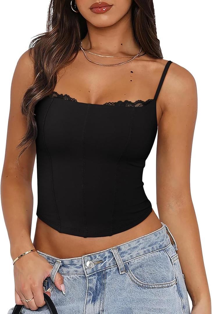 PINKMSTYLE Womens Bustier Corset Tops Spaghetti Strap Camisole Tank Tops Y2K Date Night Going Out Outfits (Black, M)