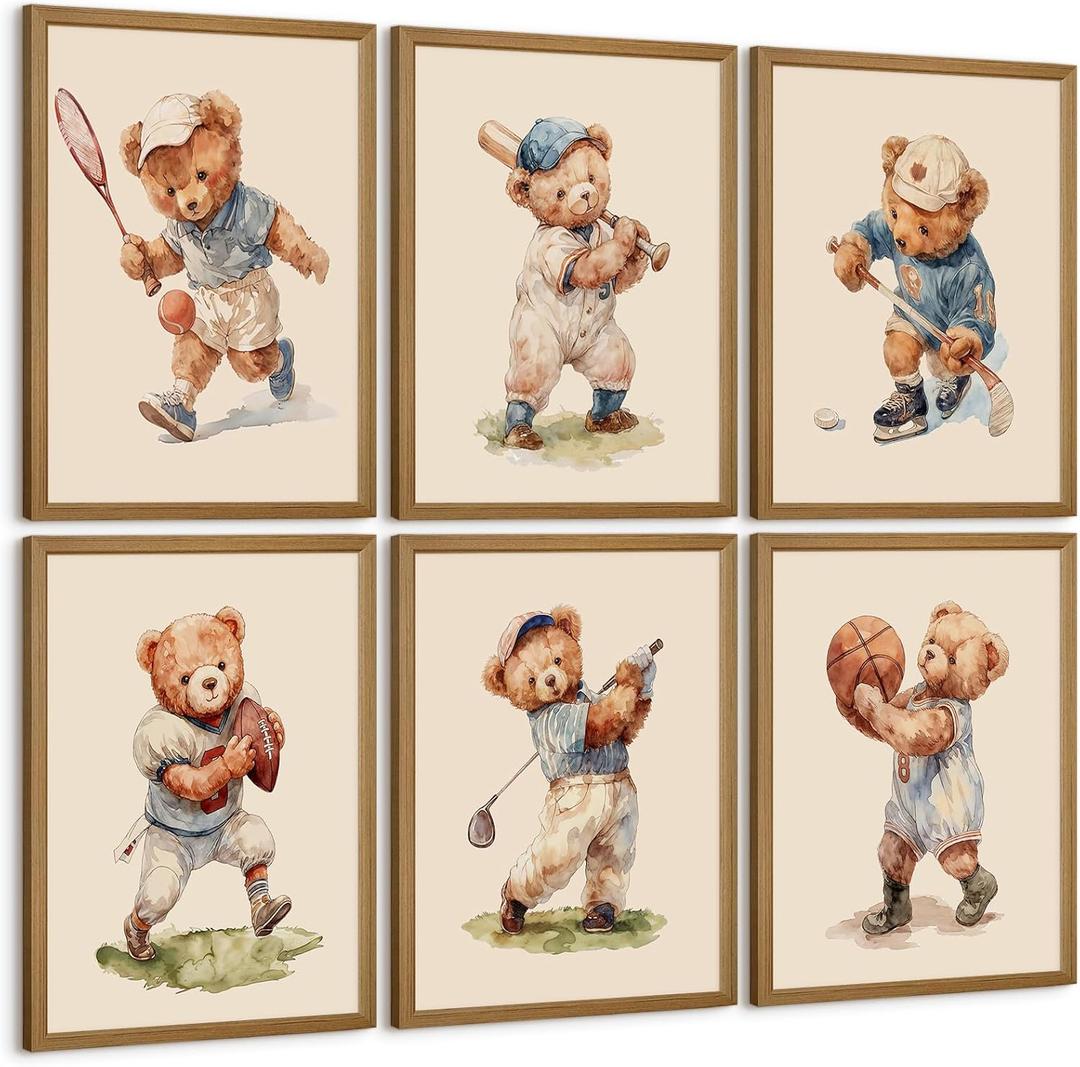 Nursery Bear Wall Art Boy Sports Canvas Wall Decor Baby Nursery Prints Vintage Teddy Bear Poster Boy Room Wall Art Kids Animal Pictures Painting for Bedroom Playroom 8x10 Inch Wood Framed Set of 6