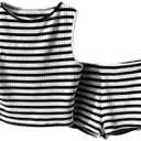 MakeMeChic Women's 2 Piece Striped Outfit Crew Neck Tank Crop Top and Mini Shorts Set, L