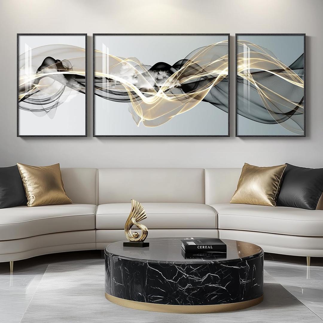 Extra Large Framed Modern Luxury Abstract Wall Art for Living Room, Set of 3 Minimalist Black White Gold Abstract Paintings Artwork for Walls, Big Art Prints Pictures for Hallway Dining Room Office Wall Decor, 30" H x 80" W
