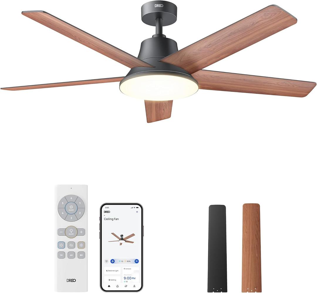DREO Smart Ceiling Fan with Lights, 52 Inch, 12 Speeds & 3 Fan Modes, Step less Color Tones, Dimmable LED Light, 12H Timer, Quiet DC Motor, Remote/APP/Alexa Control, Black Ceiling Fans Indoor
