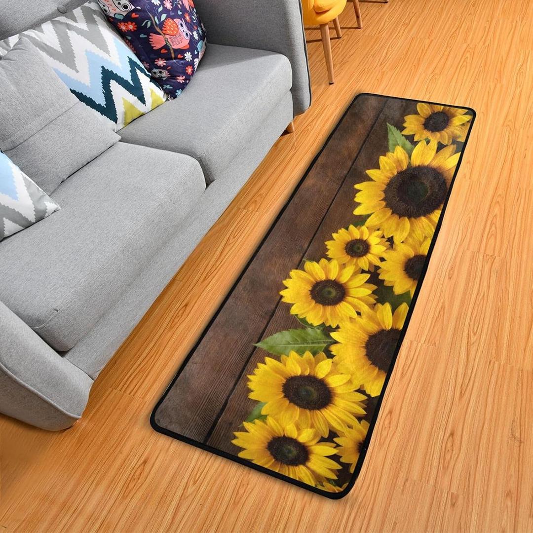 Sunflower Wood Board Retro Runner Rug Floor Mat Non-Slip Kitchen Rug Soft Area Rug Doormats Bath Carpet for Bathroom Entryway Hallway Dining Living Room