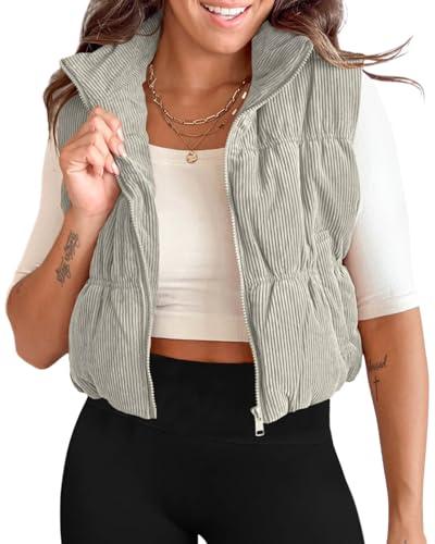 Tankaneo Womens Cropped Puffer Vest Corduroy Lightweight Sleeveless Padded Coat Zip Up Warm Outerwear, Size Medium