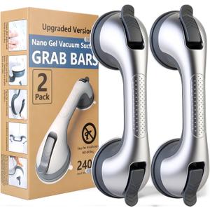 2 Pack Grab Bars for Shower Handle, Elderly Assistance Products, Seniors Removable Bar Safety, Suction Cup Handles for Bathtubs and Showers/Bathroom/Walls, Heavy Duty Handrails Grip,No Drilling Sliver