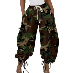 Kwunbwa Women's Baggy Cargo Jogger Jeans Barrel High Waisted Wide Leg Drawstring Y2K Loose Harem Denim Pants with Pockets (X-Large, Camo)