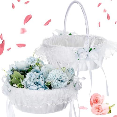 AceOrbit 2 Pcs Large Wedding Flower Baskets with Foldable Handle White Lace Satin Bowknot Flower Basket for Wedding Bride Ceremony Party Accessories