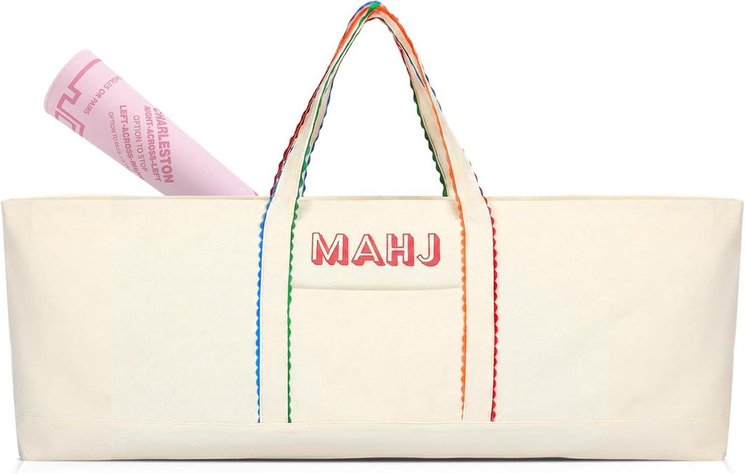 Mahjong Bag for Tiles and Racks Empty American Mahjong Tiles Carrying Tote 31.5 x 12 x 4 Inches Canvas Tile Games Accessories Gifts for Card Pushers Rack Mat Carrying, Case Only (Colorful)